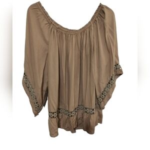 1990)Sunny Taylor Tan Off Shoulder Crochet Lace Angel Sleeve Peasant Tunic Top M